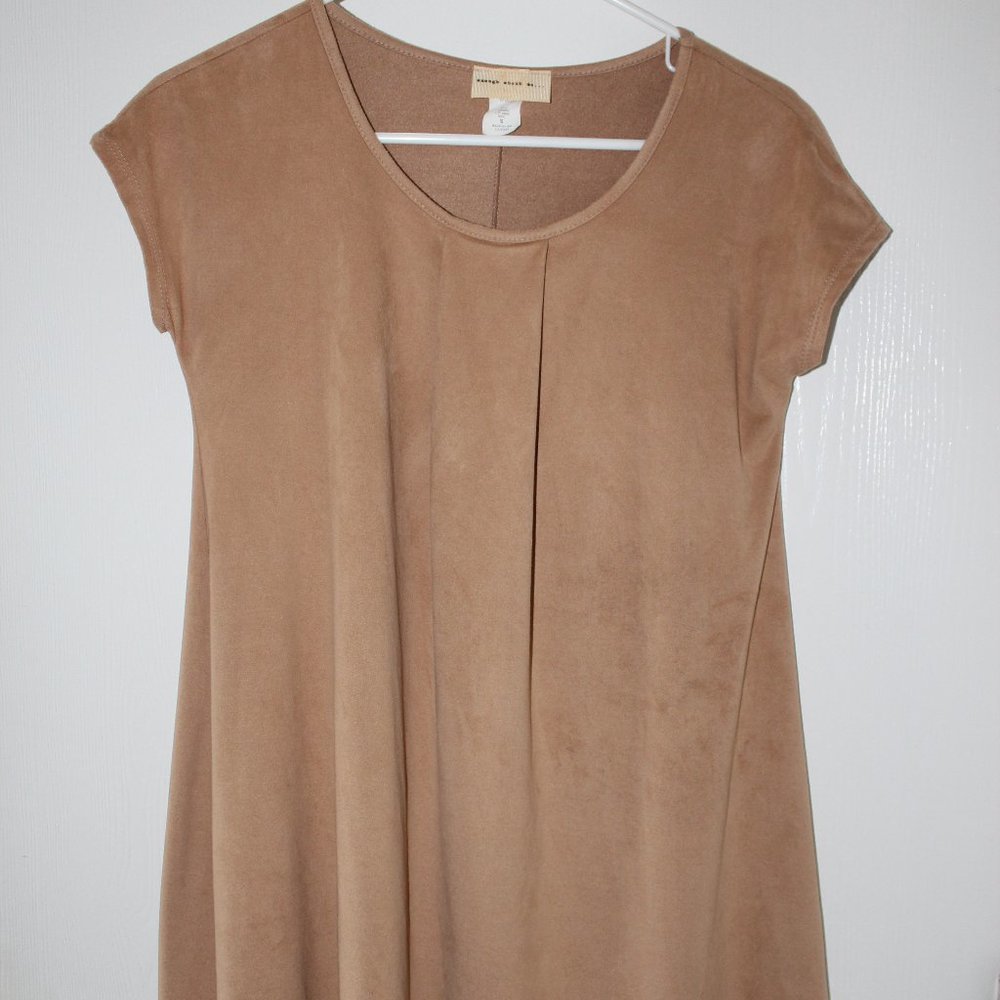 Enough about me.. Women's Sz S Tan Short Sleeve Tunic Dress Blouse Top Shirt
